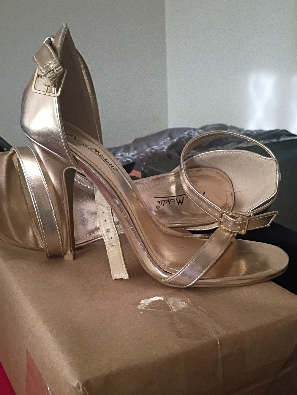 Anne Michelle Gold Metallic Strappy High Heel Sandals
